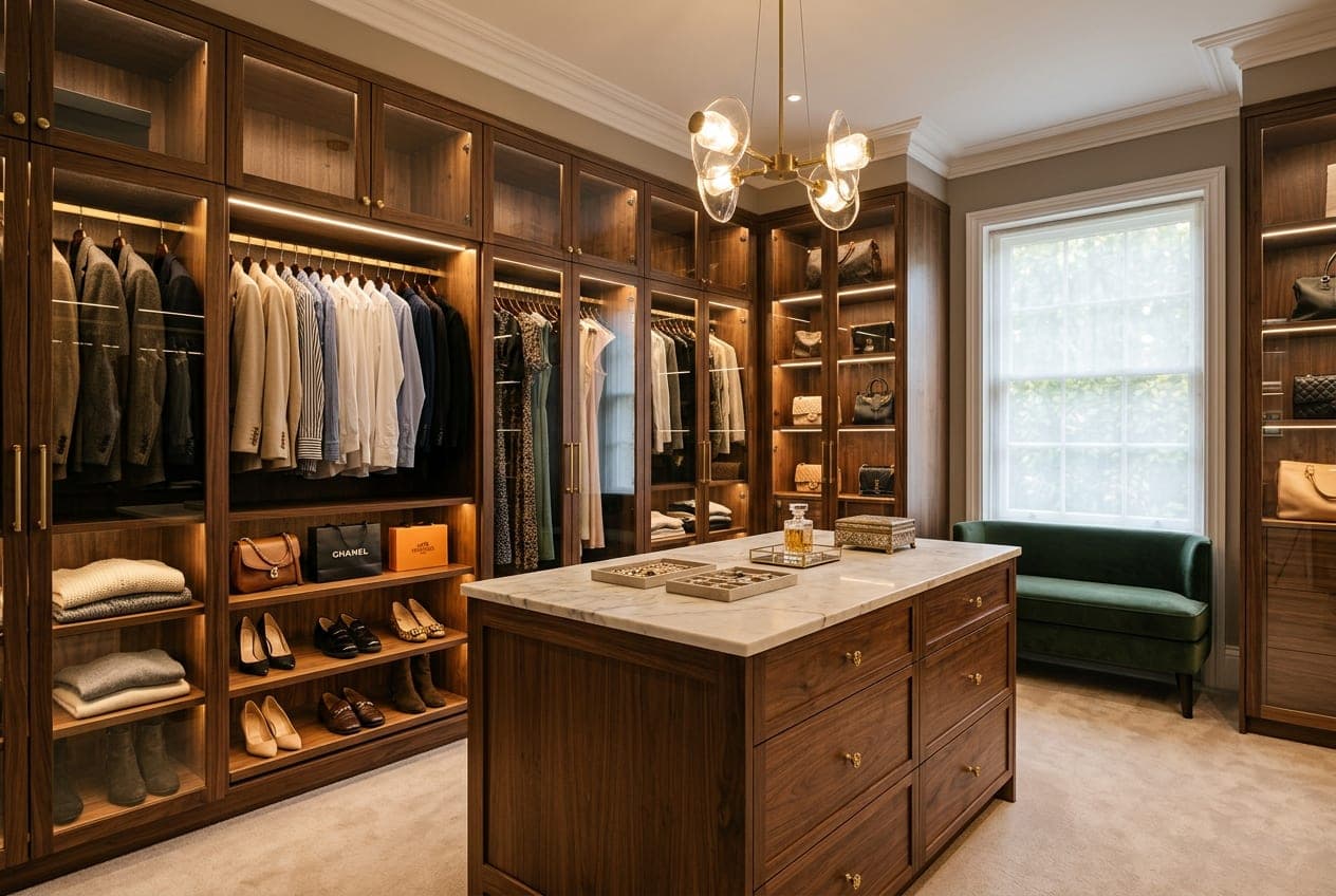 Dressing room with dark wood cabinetry and a marble-top island