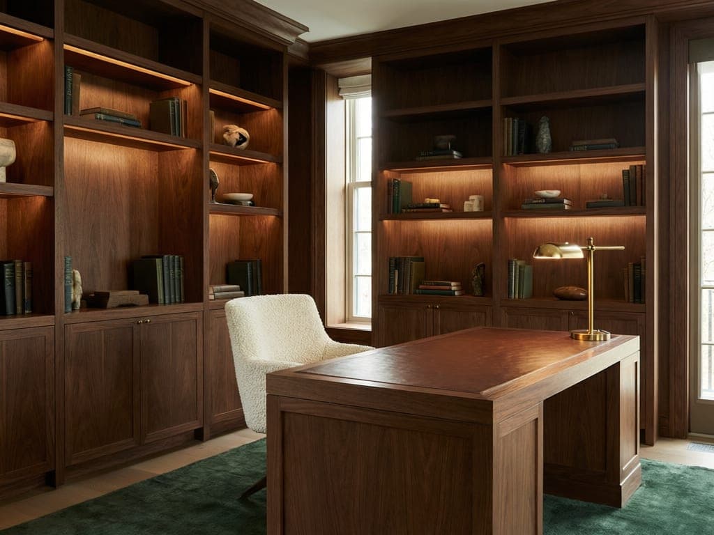 Executive office with floor-to-ceiling walnut library shelving and a leather-top desk