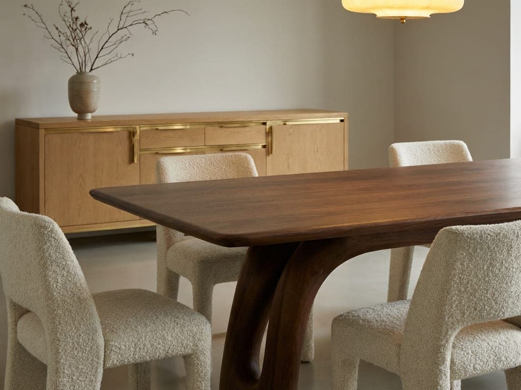 Handcrafted dark walnut dining table with sculptural legs and an oak sideboard