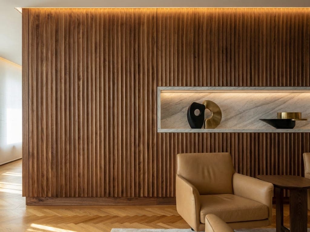 Floor-to-ceiling fluted walnut wall panelling with a marble display shelf