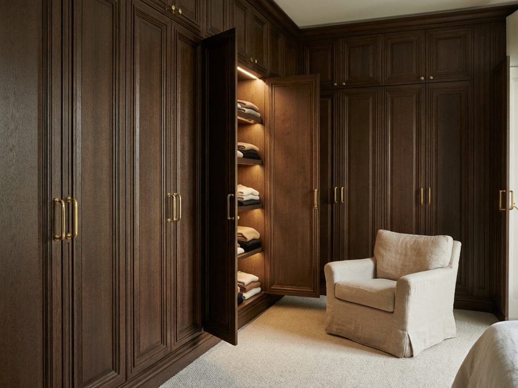 Bespoke floor-to-ceiling wardrobe with fluted wood doors and brass handles